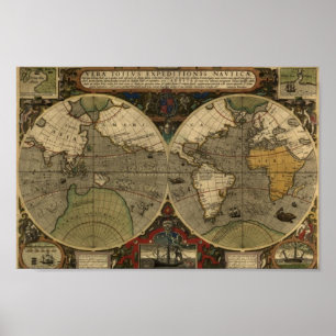 ヴィンテージマップのポスター – 1595年ホンディウス世界地図 ポスター