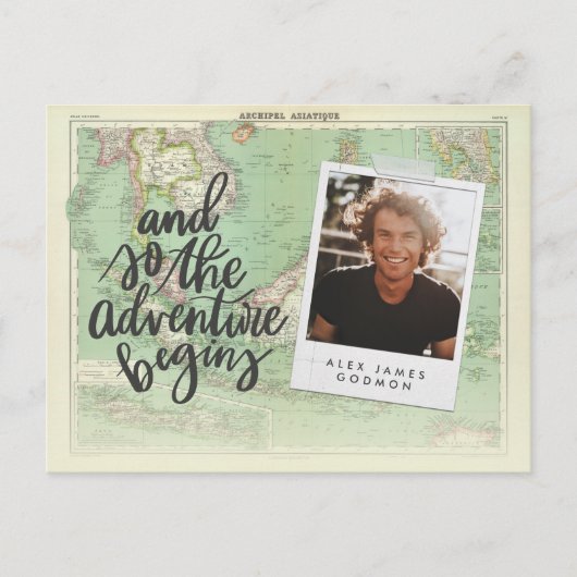 ヴィンテージマップの冒険がユニーク卒業 インビテーションポストカード (正面)