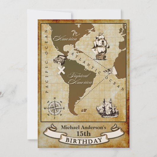 ヴィンテージマップの海賊バースデーパーティ招待状 招待状 (正面)