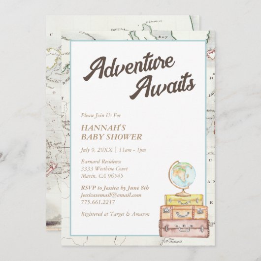 ヴィンテージマップアドベンチャーアウェイズベビーシャワー招待状 招待状 (正面/裏面)
