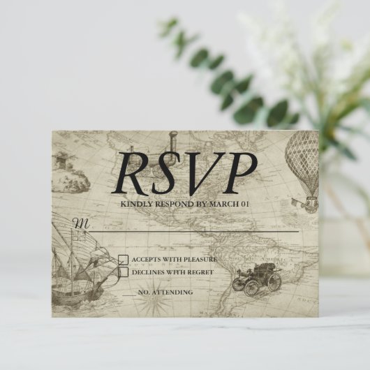 ヴィンテージマップウェディングRSVP応答の返信モダン 出欠カード (スタンド正面)