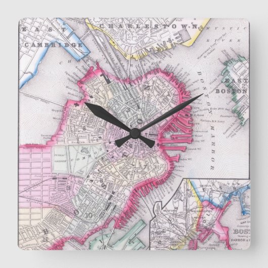 ヴィンテージマップオブボストン（1864年） スクエア壁時計 (正面)