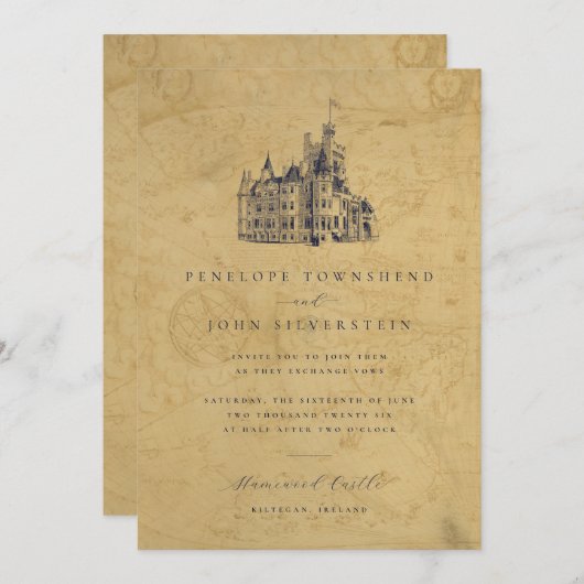 ヴィンテージマップキャッスルイラストレーション結婚ズ 招待状 (正面/裏面)