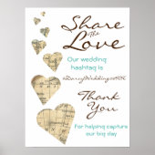 ヴィンテージマップハート結婚のハッシュタグ記号 ポスター (正面)