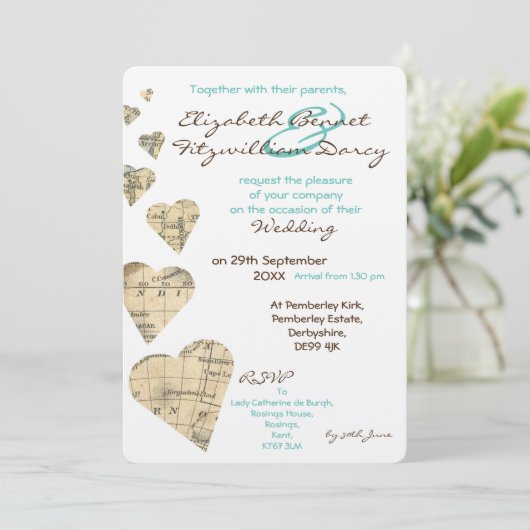 ヴィンテージマップハート結婚式招待状 招待状 (スタンド正面)