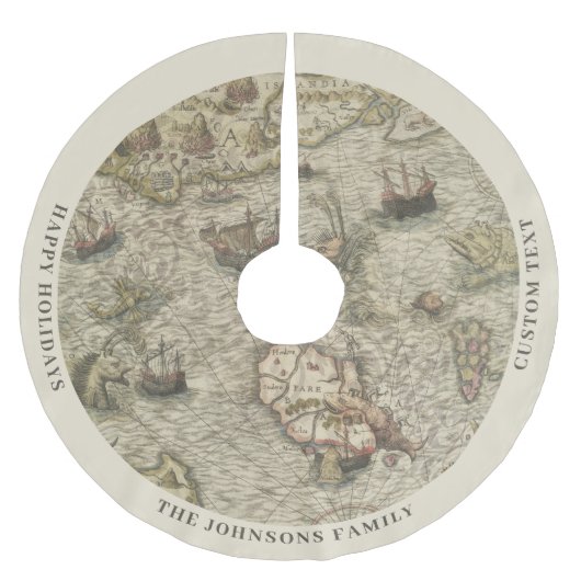 ヴィンテージマップファミリークリスマス ブラッシュドポリエステルツリースカート (正面)