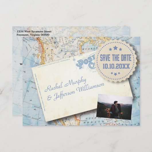 ヴィンテージマップフォトウェディング日付の保存 案内ポストカード (正面/裏面)