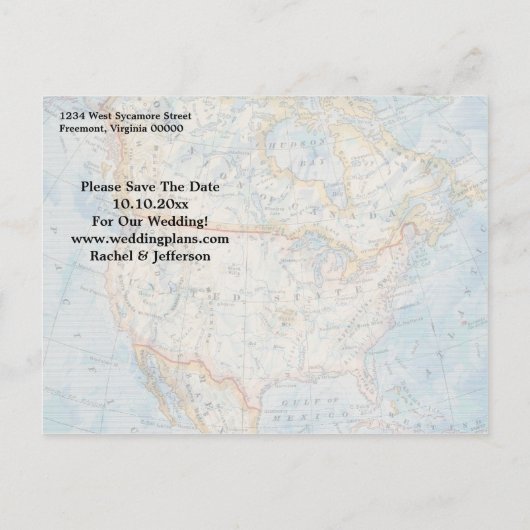 ヴィンテージマップフォトウェディング日付の保存 案内ポストカード (裏面)
