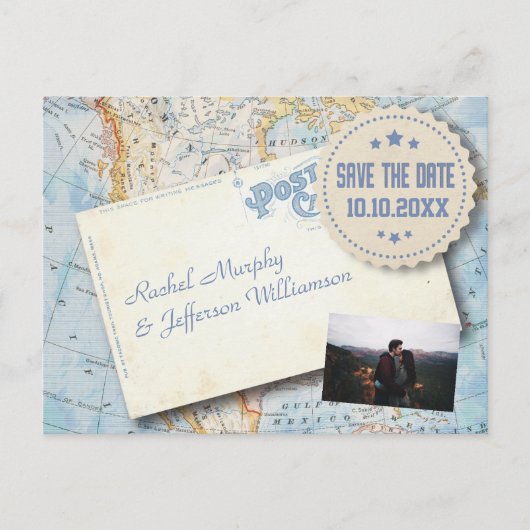 ヴィンテージマップフォトウェディング日付の保存 案内ポストカード (正面)