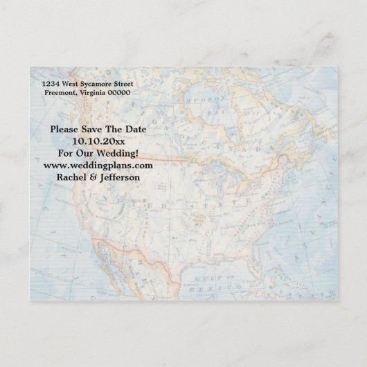 ヴィンテージマップフォトウェディング日付の保存 案内ポストカード (裏面)