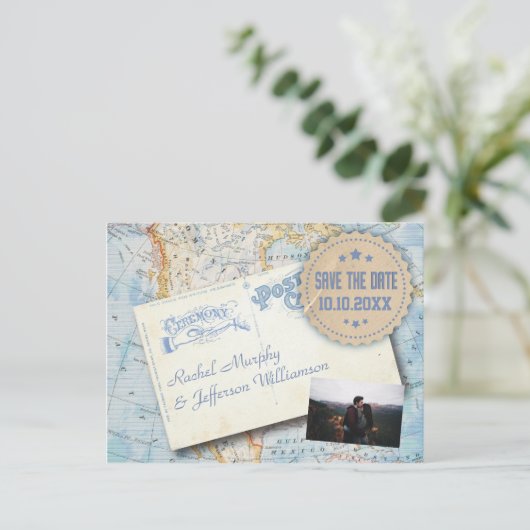 ヴィンテージマップフォトウェディング日付の保存 案内ポストカード (スタンド正面)