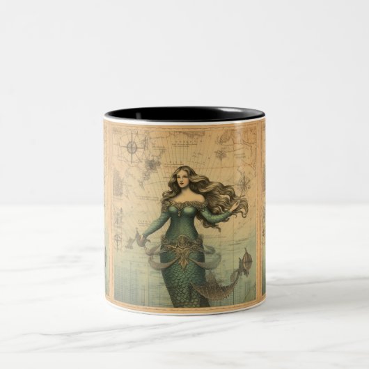 ヴィンテージマップ上のマーメイド航海の:ファンタジー ツートーンマグカップ (中央)