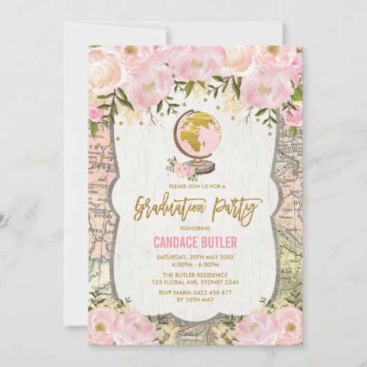 ヴィンテージマップ旅行フローラアドベンチャー卒業 招待状 (正面)