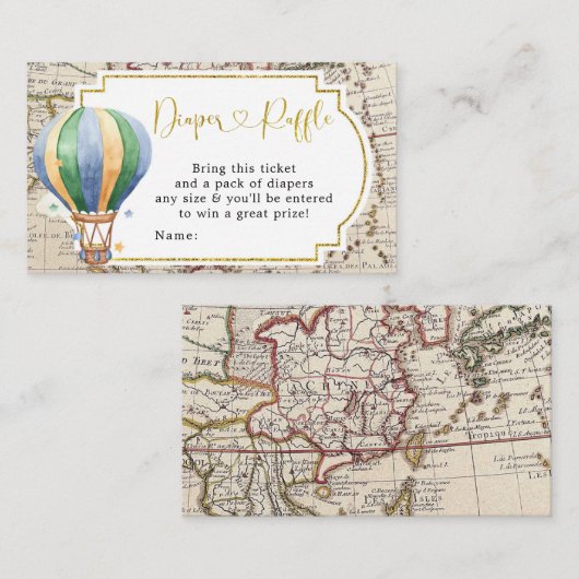 ヴィンテージマップ気球ベビーシャワーおむつラッフル エンクロージャーカード (正面/裏面)