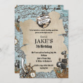 ヴィンテージマップ海賊誕生日パーティオールドスクロール 招待状 (正面/裏面)