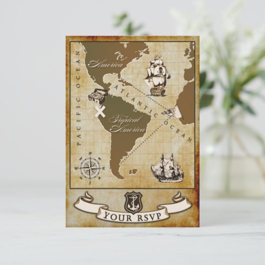 ヴィンテージマップ海賊誕生日パーティーRSVPカード 出欠カード (スタンド正面)