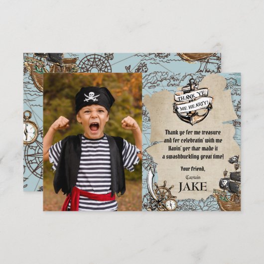 ヴィンテージマップ海賊財宝誕生日パーティーの写真 サンキューカード (正面/裏面)