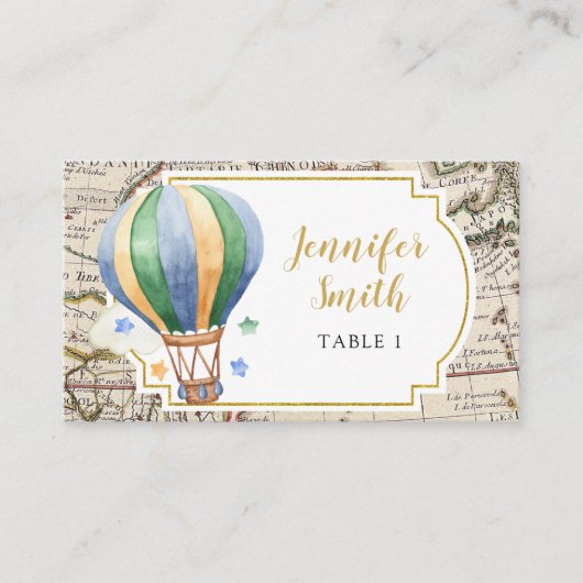 ヴィンテージマップ熱気球アドベンチャーベビーシャワー プレイスカード (正面)