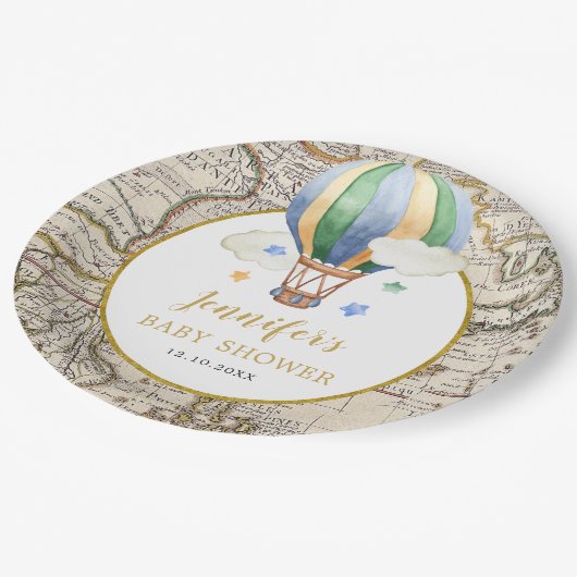 ヴィンテージマップ熱気球アドベンチャーベビーシャワー ペーパープレート (アングル)
