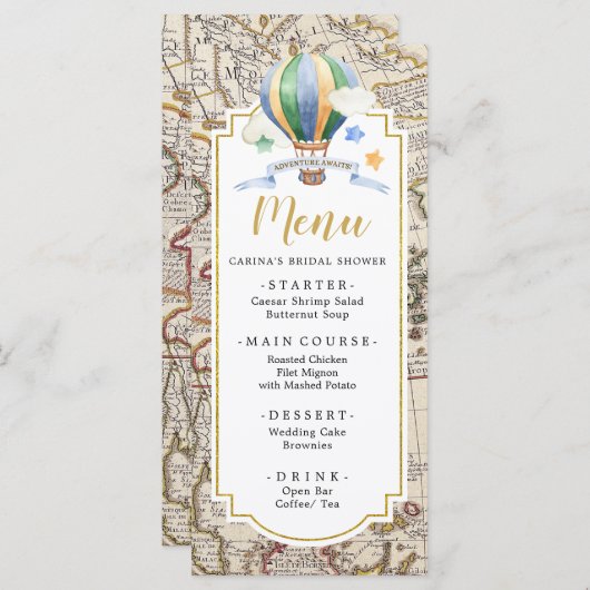 ヴィンテージマップ熱気球アドベンチャーベビーシャワー メニュー (正面/裏面)