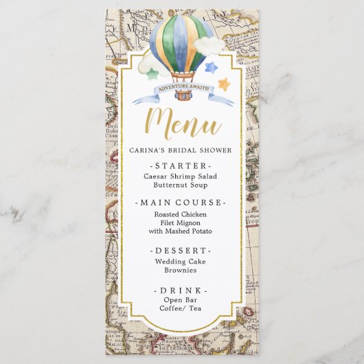ヴィンテージマップ熱気球アドベンチャーベビーシャワー メニュー (正面)