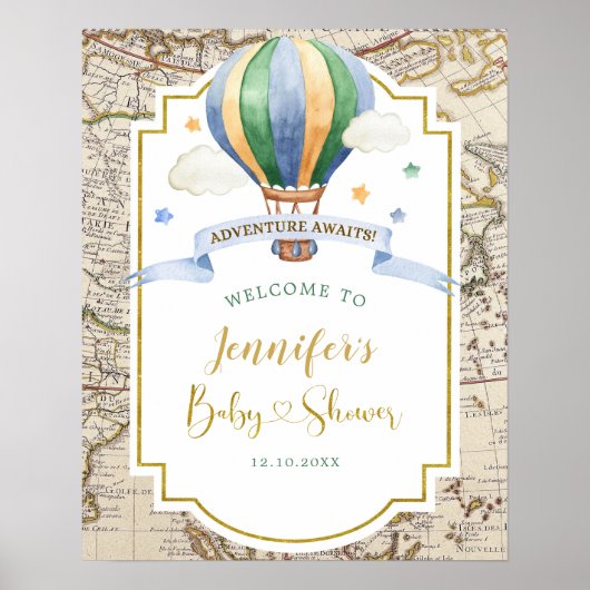 ヴィンテージマップ熱気球ベビーシャワーへようこそ ポスター (正面)