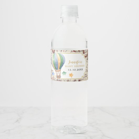 ヴィンテージマップ熱気球ベビーシャワー ペットボトルラベル (正面)