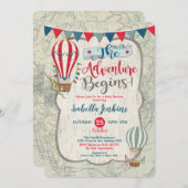 ヴィンテージマップ熱気球ボーイベビーシャワー 招待状 (正面/裏面)