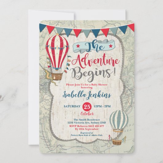 ヴィンテージマップ熱気球ボーイベビーシャワー 招待状 (正面)