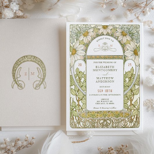 ヴィンテージマルゲライトデイジー結婚ズアールヌーボーミュシャ 招待状