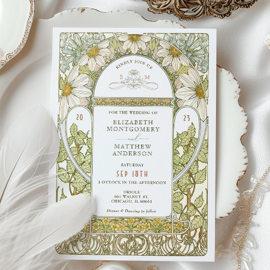 ヴィンテージマルゲライトデイジー結婚ズアールヌーボーミュシャ 招待状