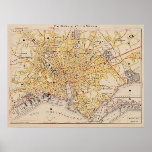 ヴィンテージマルセイユ・フランスの地図（1917年） ポスター (正面)