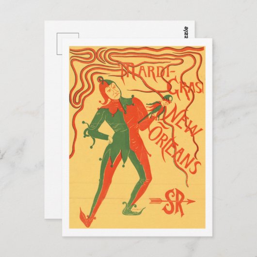 ヴィンテージマルディグラスジェスターカラーイラストレーション ポストカード (正面/裏面)