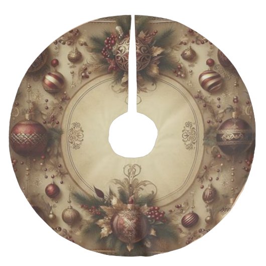 ヴィンテージマルーンと金ゴールドクリスマス ブラッシュドポリエステルツリースカート (正面)