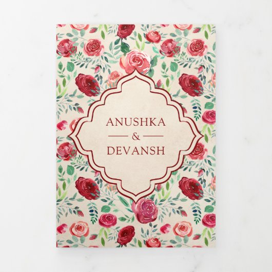 ヴィンテージマルーンレッドローゼスフローラインディアン結婚 三つ折り招待状 (カバー)