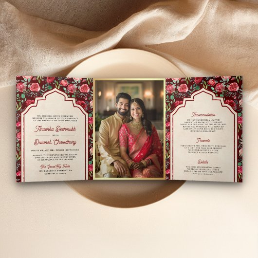 ヴィンテージマルーンレッドローゼスフローラインディアン結婚 三つ折り招待状