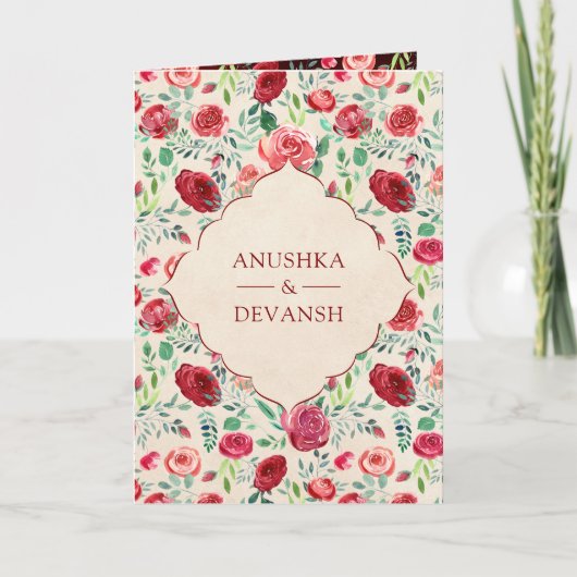 ヴィンテージマルーンレッドローゼスフローラインディアン結婚 招待状 (正面)