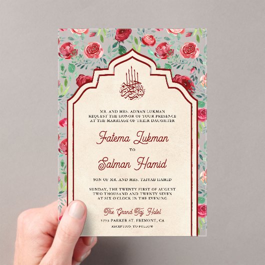 ヴィンテージマルーンレッドローゼスフローラムスリム結婚ズ アクリル招待状 (インサイチュ (ポータブル))