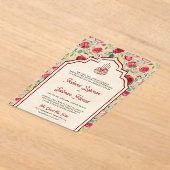 ヴィンテージマルーンレッドローゼスフローラムスリム結婚ズ アクリル招待状 (レイダウン)