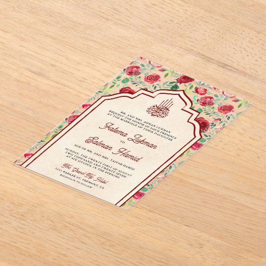 ヴィンテージマルーンレッドローゼスフローラムスリム結婚ズ アクリル招待状 (レイダウン)