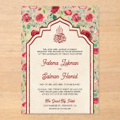 ヴィンテージマルーンレッドローゼスフローラムスリム結婚ズ アクリル招待状 (正面)