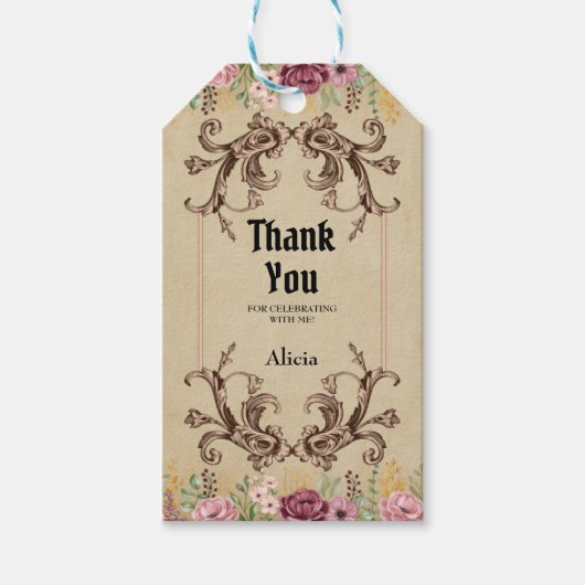 ヴィンテージマルーン金ゴールドフラワーパーチメントサンキュー ギフトタグ (正面)