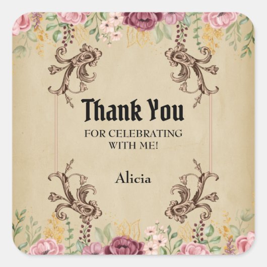 ヴィンテージマルーン金ゴールドフラワーパーチメントサンキュー スクエアシール (正面)