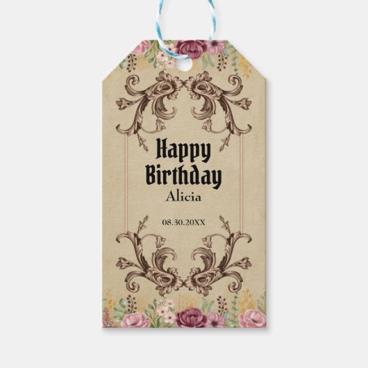 ヴィンテージマルーン金ゴールドフラワーパーチメント誕生日 ギフトタグ (正面)
