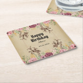 ヴィンテージマルーン金ゴールドフラワーパーチメント誕生日 スクエアペーパーコースター (アングル)