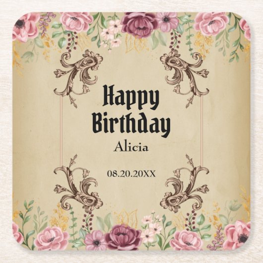 ヴィンテージマルーン金ゴールドフラワーパーチメント誕生日 スクエアペーパーコースター (正面)