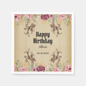 ヴィンテージマルーン金ゴールドフラワーパーチメント誕生日 スタンダードカクテルナプキン (正面)