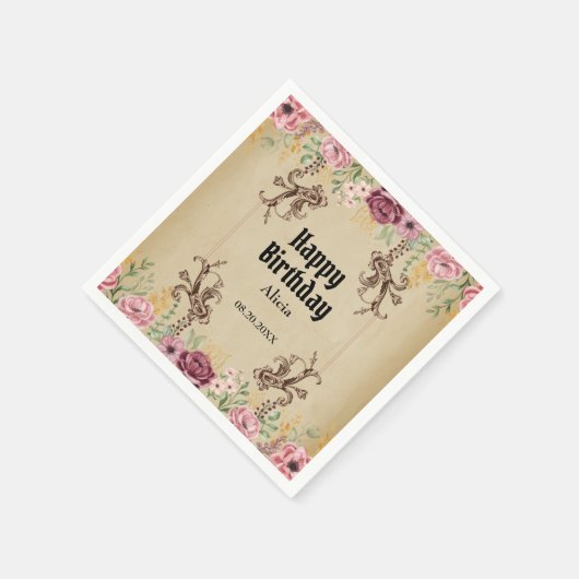 ヴィンテージマルーン金ゴールドフラワーパーチメント誕生日 スタンダードカクテルナプキン (角)