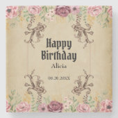 ヴィンテージマルーン金ゴールドフラワーパーチメント誕生日 ストーンコースター (正面)