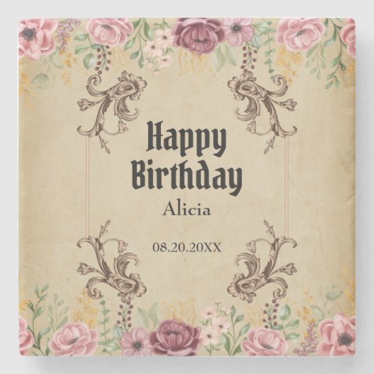 ヴィンテージマルーン金ゴールドフラワーパーチメント誕生日 ストーンコースター (正面)